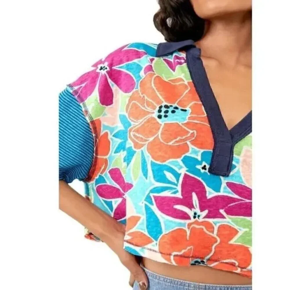 Free People On A Boat Boxy Crop Polo XS Coastal Floral NWT